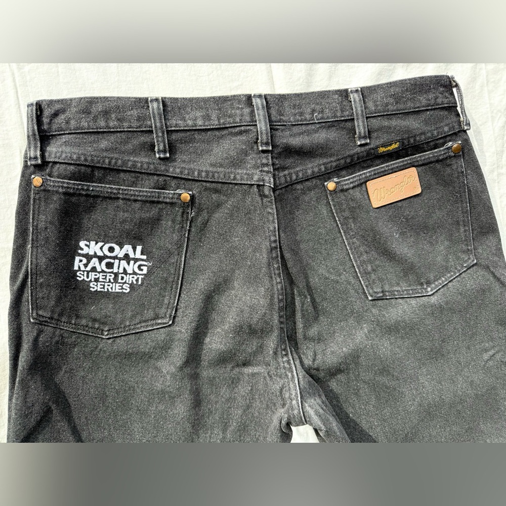 Mens Vintage 80s  Wrangler SKOAL Bandit Racing Black Denim 36x30 Jeans Made USA
